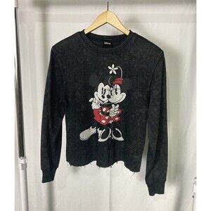 Disney Mickey & Minnie Sweatshirt Cut Off Cropped Charcoal XS